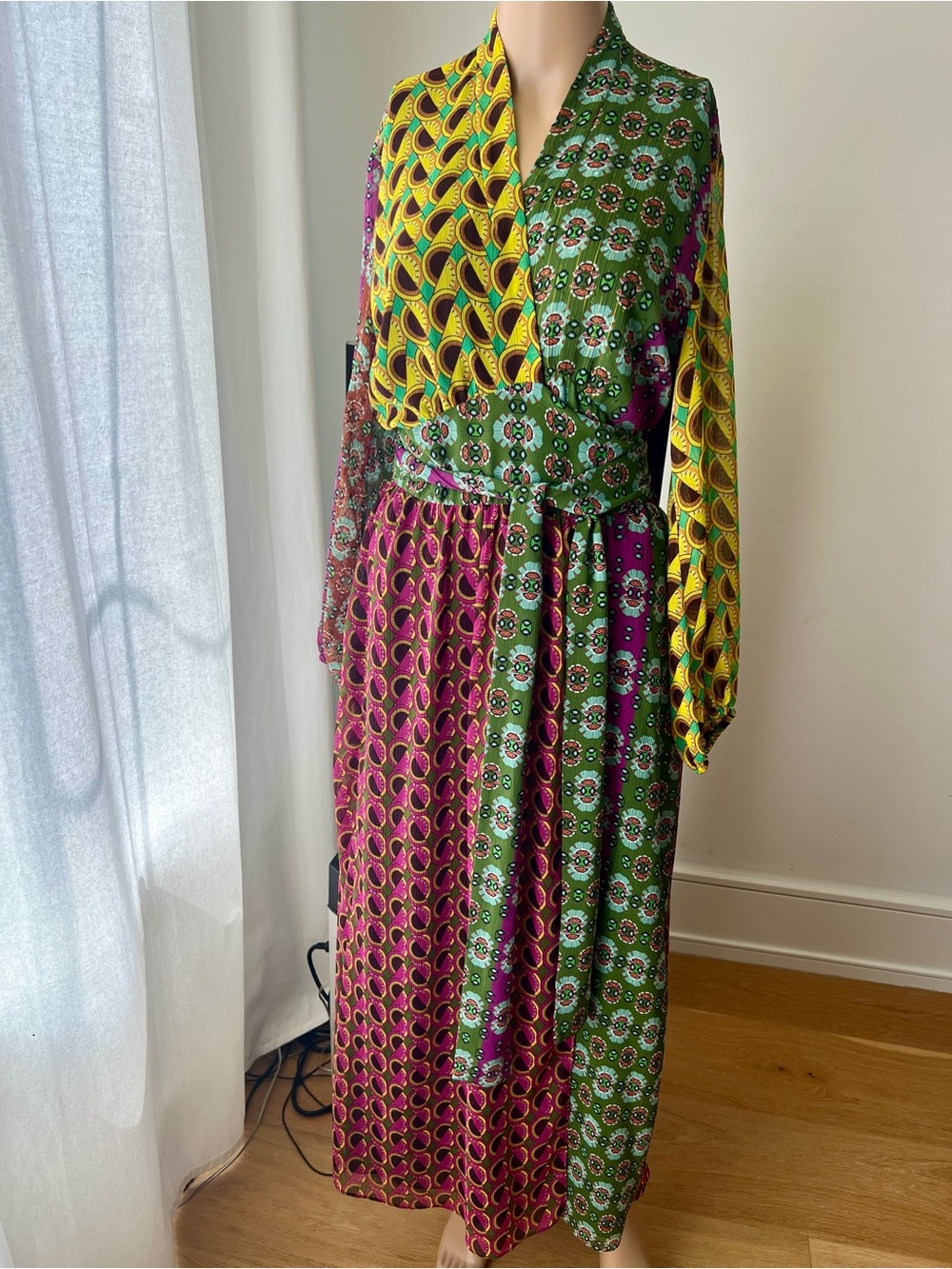 Zara Multi-Print Green, Yellow & Purple Wrap Maxi Dress